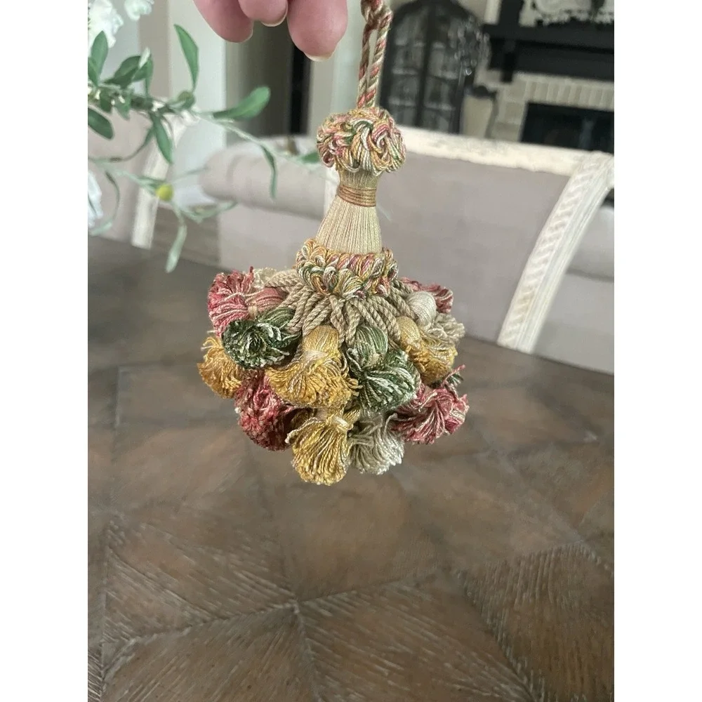 Vtg  French Double Tassel Furniture Key Fob Cotton Green Pink Gold Beige READ